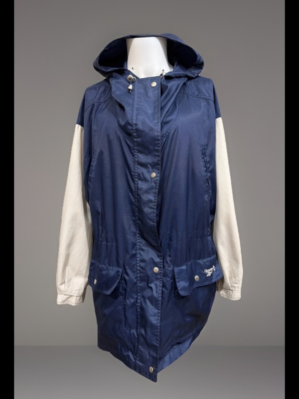 Womens XL Reebok Long Blue Hooded Windbreaker Lined Jacket Lightweight Snap
